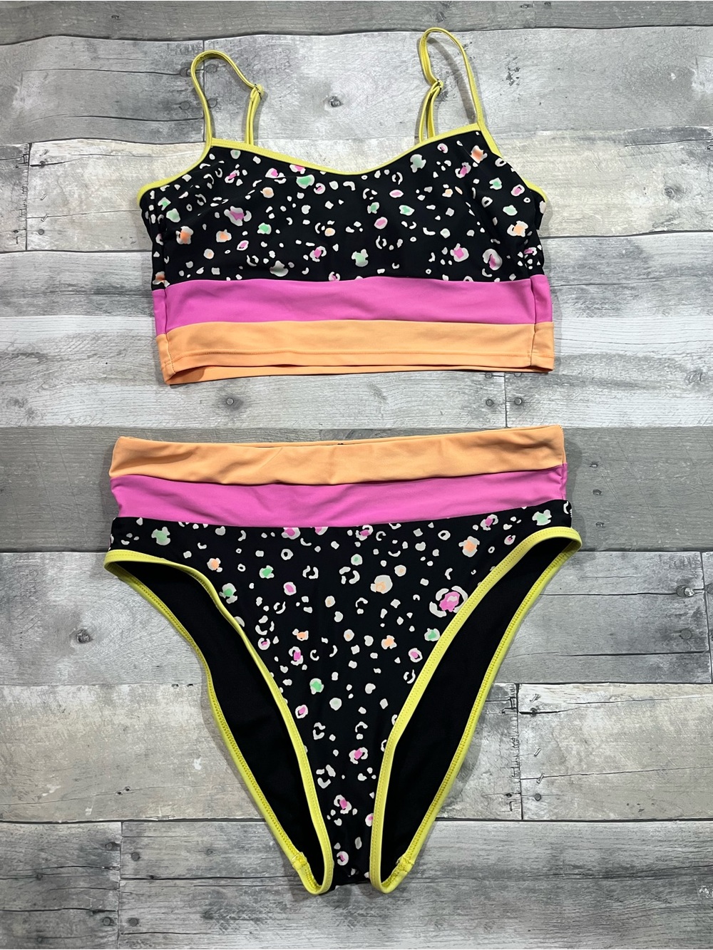 Black Floral Colorblock High-Waist Bikini Set with Pink & Peach Bands